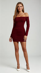 Women's off-shoulder bodycon mini dress with long sleeves and gathered detailing