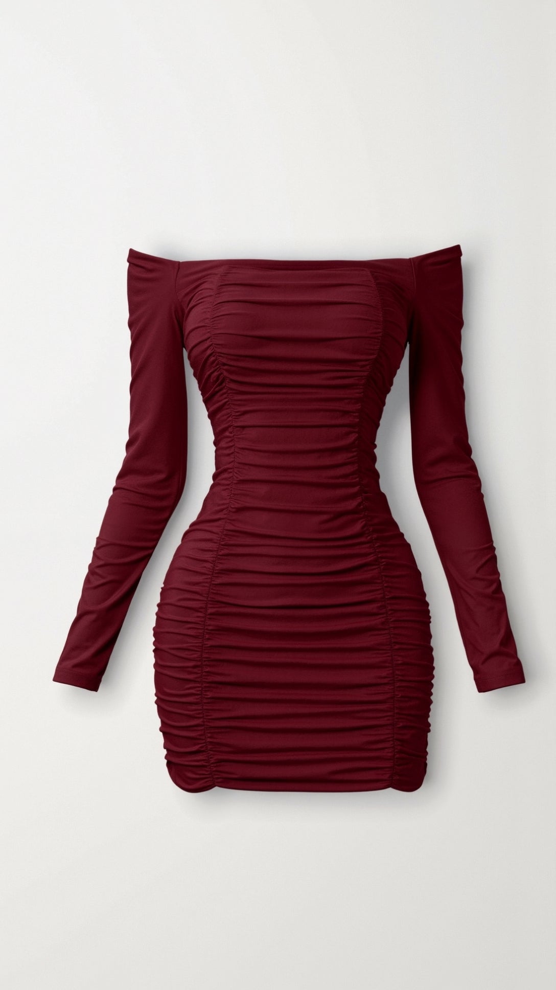 Women's off-shoulder bodycon mini dress with long sleeves and gathered detailing