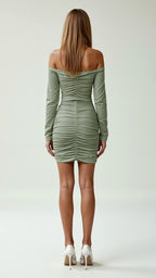 Women's off-shoulder bodycon mini dress with long sleeves and gathered detailing