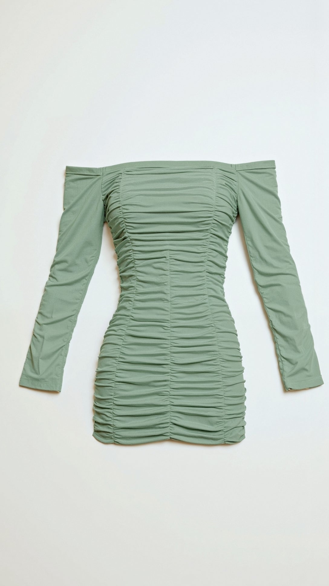 Women's off-shoulder bodycon mini dress with long sleeves and gathered detailing