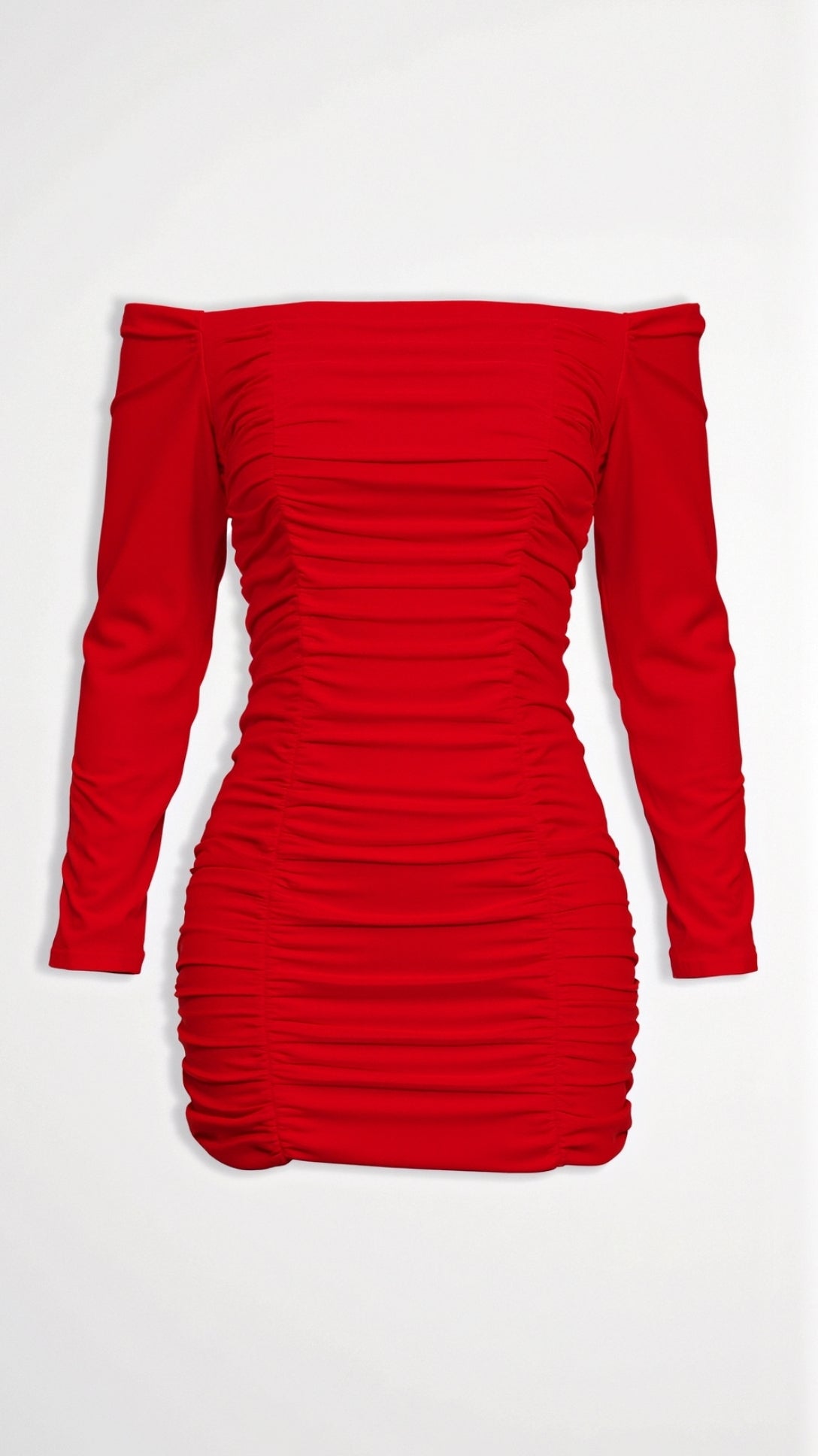 Women's off-shoulder bodycon mini dress with long sleeves and gathered detailing