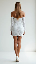 Women's off-shoulder bodycon mini dress with long sleeves and gathered detailing
