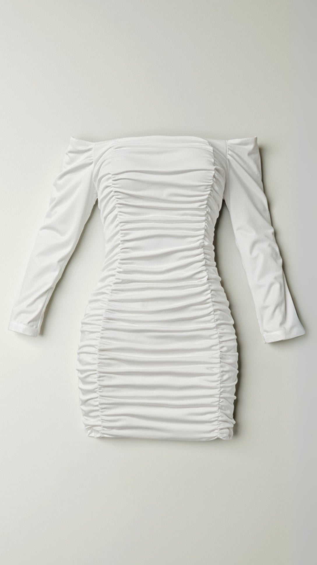 Women's off-shoulder bodycon mini dress with long sleeves and gathered detailing