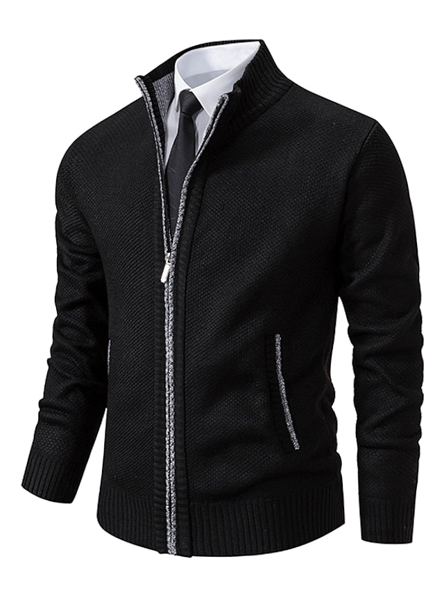Men ribbed knit full-zip cardigan with stand collar in khaki