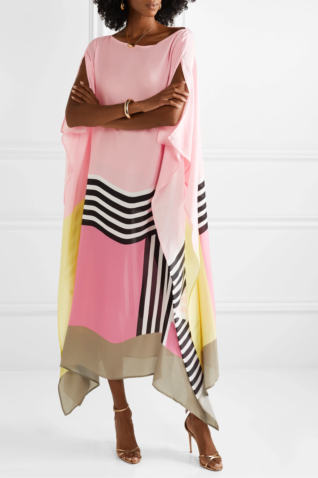 Women geometric print kaftan maxi dress with batwing sleeves and asymmetric hem