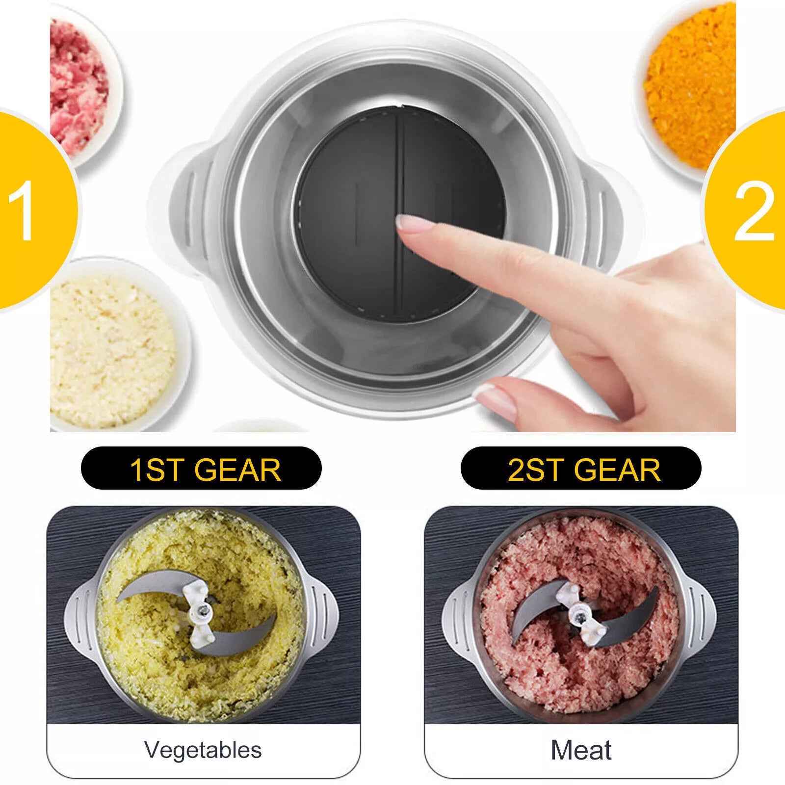 2L stainless steel food chopper 300W with 4 S-shaped blades and dual speed control