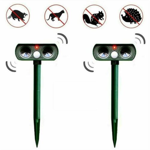 Solar powered ultrasonic pest repeller with PIR motion sensor for outdoor garden use