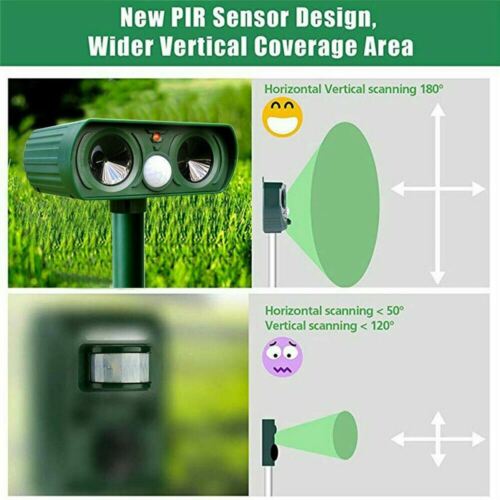 Solar powered ultrasonic pest repeller with PIR motion sensor for outdoor garden use