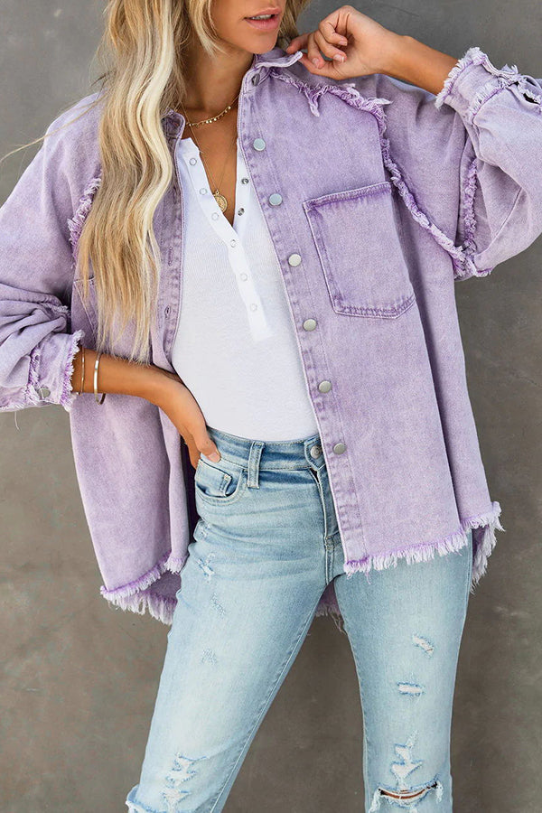 Women oversized denim jacket with fringe detail and button-front closure