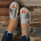 Women wedge platform orthopedic sandals with adjustable ankle strap in metallic finish