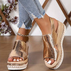 Women wedge platform orthopedic sandals with adjustable ankle strap in metallic finish