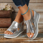 Women wedge platform orthopedic sandals with adjustable ankle strap in metallic finish