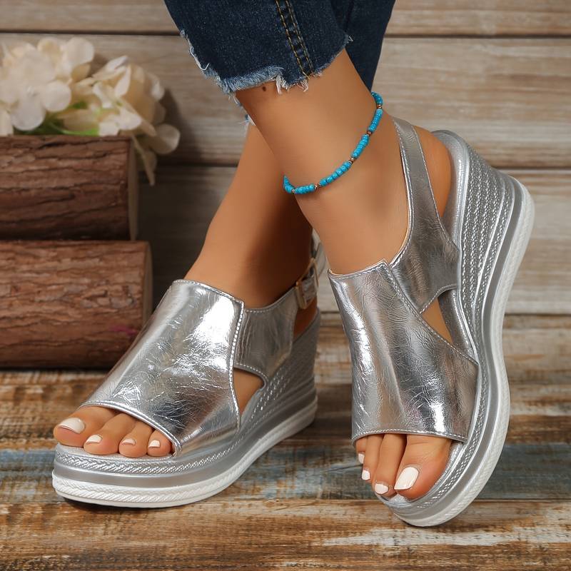 Women wedge platform orthopedic sandals with adjustable ankle strap in metallic finish