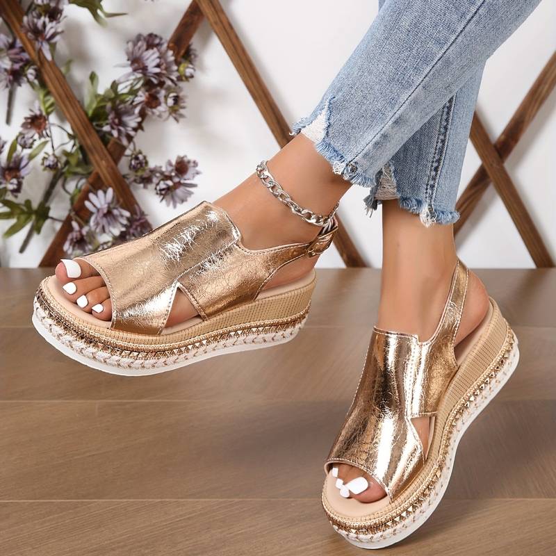 Women wedge platform orthopedic sandals with adjustable ankle strap in metallic finish