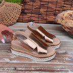 Women wedge platform orthopedic sandals with adjustable ankle strap in metallic finish