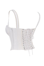 Women white lace-up corset top with delicate lace straps and ruched bust