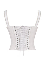 Women white lace-up corset top with delicate lace straps and ruched bust