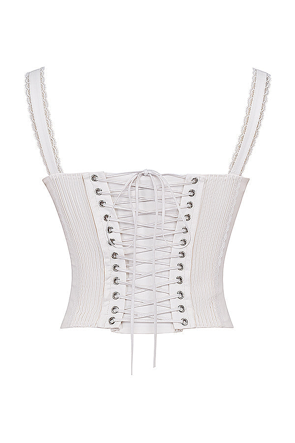 Women white lace-up corset top with delicate lace straps and ruched bust