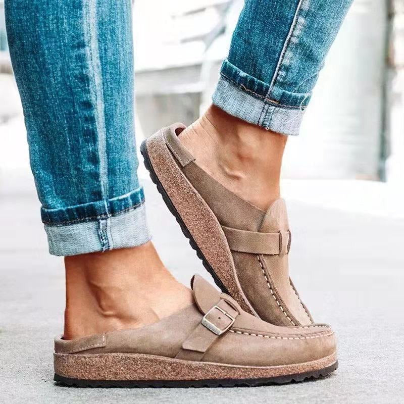 Women's suede comfort sandals with adjustable buckle strap and cork footbed, retro style