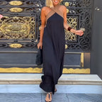 Women's maxi cross neck dress with open back, available in Black, White, Navy Blue and Gray