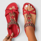 Women's orthopedic T-strap flat sandals with arch support and bohemian beaded detail