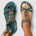 Women's orthopedic T-strap flat sandals with arch support and bohemian beaded detail