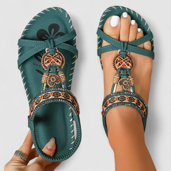 Women's orthopedic T-strap flat sandals with arch support and bohemian beaded detail