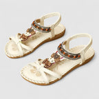 Women's orthopedic T-strap flat sandals with arch support and bohemian beaded detail
