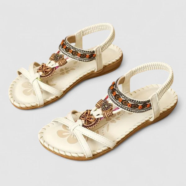 Women's orthopedic T-strap flat sandals with arch support and bohemian beaded detail