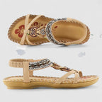 Women's orthopedic T-strap flat sandals with arch support and bohemian beaded detail