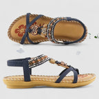 Women's orthopedic T-strap flat sandals with arch support and bohemian beaded detail