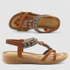 Women's orthopedic T-strap flat sandals with arch support and bohemian beaded detail