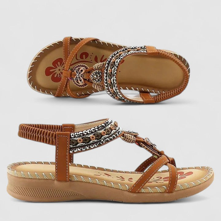 Women's orthopedic T-strap flat sandals with arch support and bohemian beaded detail