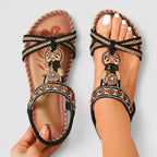 Women's orthopedic T-strap flat sandals with arch support and bohemian beaded detail