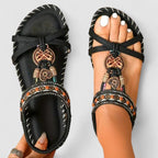 Women's orthopedic T-strap flat sandals with arch support and bohemian beaded detail