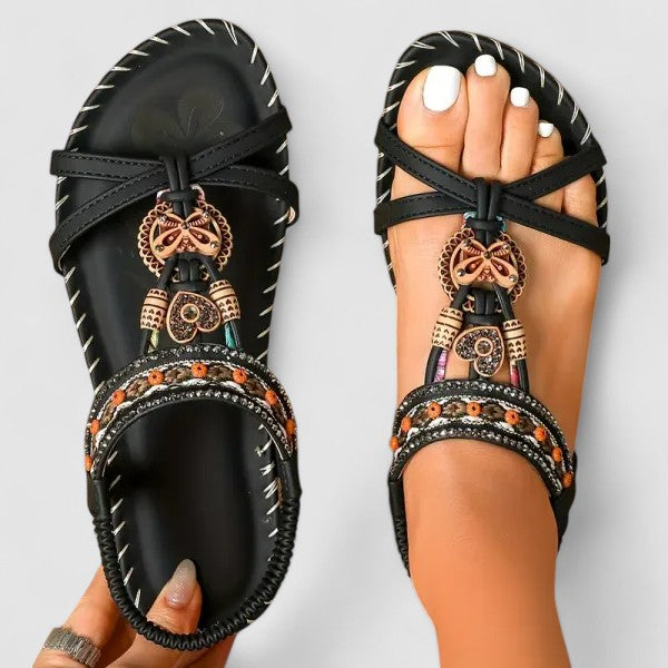 Women's orthopedic T-strap flat sandals with arch support and bohemian beaded detail