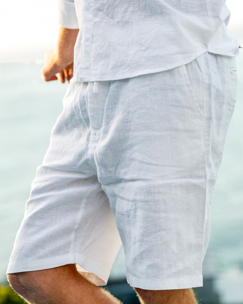 Men's linen shorts straight fit lightweight summer casual, available in beige white black grey blue