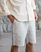 Men's linen shorts straight fit lightweight summer casual, available in beige white black grey blue