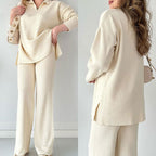 Women's wide leg pant set with long sleeve collar top and high waist, side slit pants
