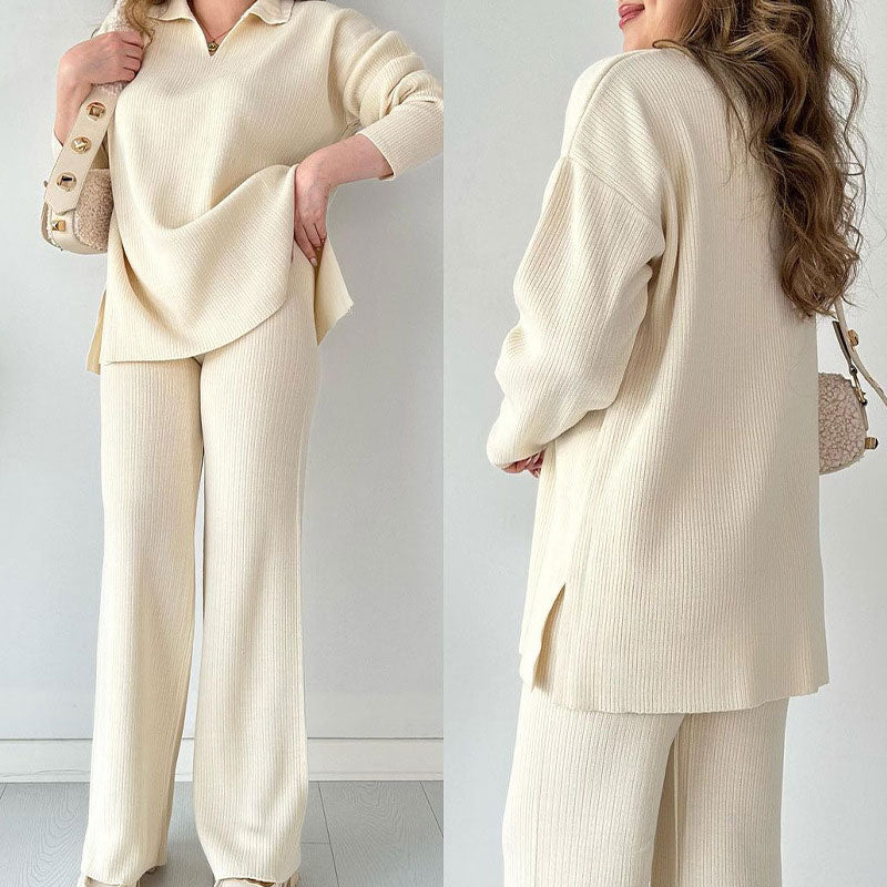 Women's wide leg pant set with long sleeve collar top and high waist, side slit pants