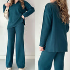 Women's wide leg pant set with long sleeve collar top and high waist, side slit pants