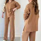 Women's wide leg pant set with long sleeve collar top and high waist, side slit pants