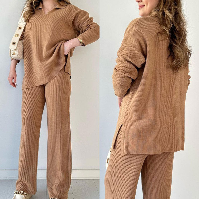 Women's wide leg pant set with long sleeve collar top and high waist, side slit pants