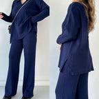 Women's wide leg pant set with long sleeve collar top and high waist, side slit pants