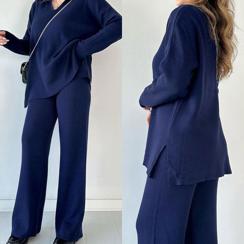 Women's wide leg pant set with long sleeve collar top and high waist, side slit pants