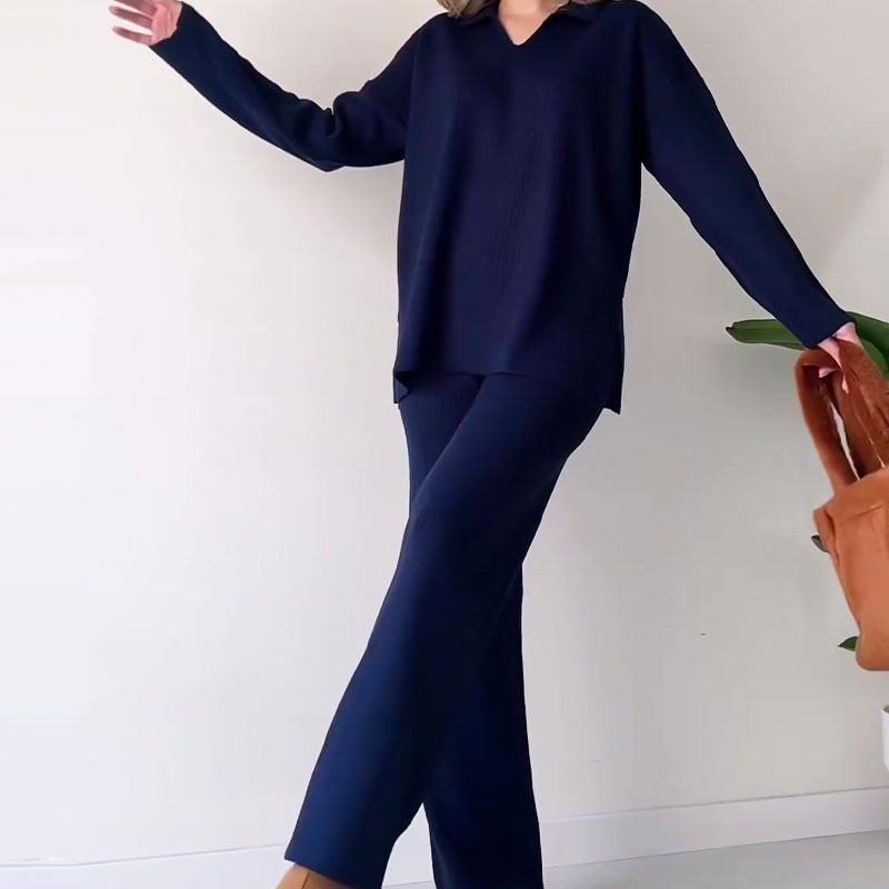 Women's wide leg pant set with long sleeve collar top and high waist, side slit pants