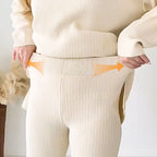 Women's wide leg pant set with long sleeve collar top and high waist, side slit pants