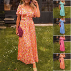 Women's V-neck maxi dress elegant fit available in orange, blue, green and red