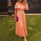 Women's V-neck maxi dress elegant fit available in orange, blue, green and red