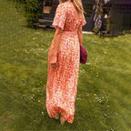 Women's V-neck maxi dress elegant fit available in orange, blue, green and red